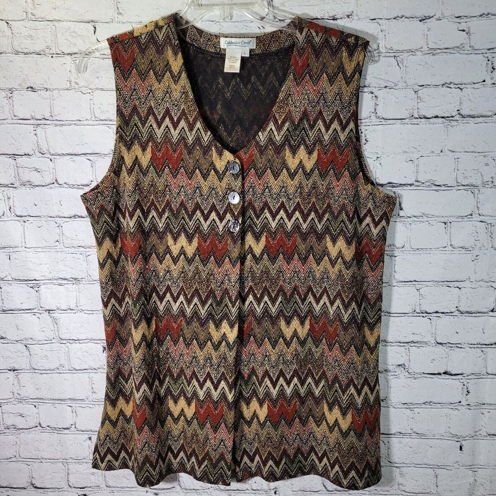 Coldwater Creek Vest Womens Large Multi Chevron Zigzag Button Front Excellent